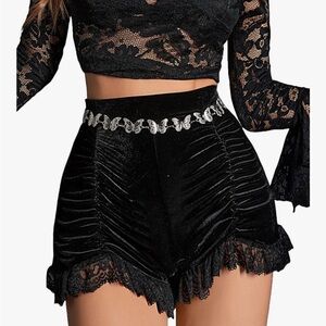 Source Unknown Black Velvet Lace Trim High Waist Shorts s
